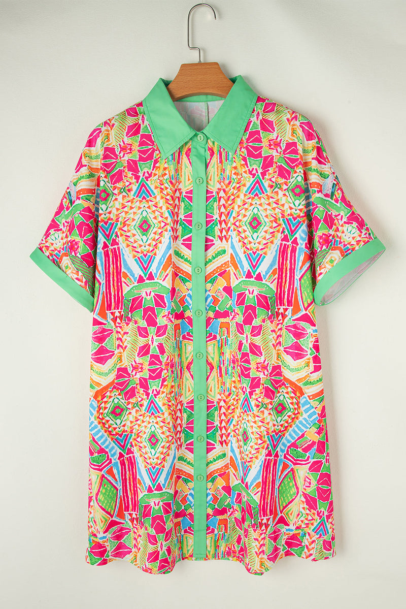 Geometric Print Button-Down Shirt Dress with Contrast Trim