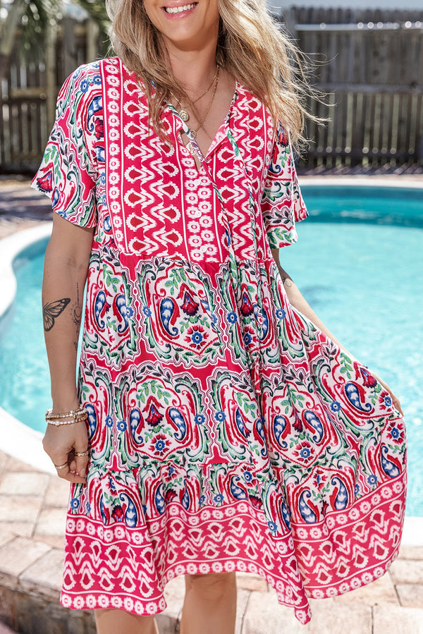 Bohemian Print Tie Neck Ruffle Hem Dress