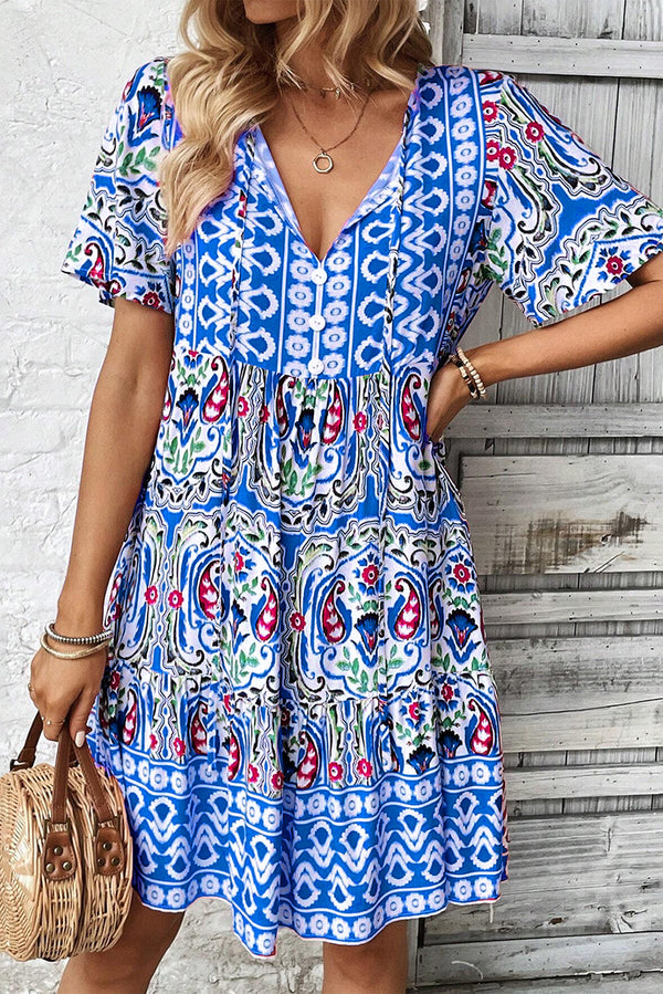 Bohemian Tie Neck Ruffle Hem Dress