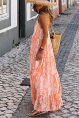 Orange Patterned Spaghetti Strap Maxi Dress